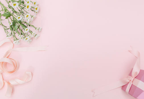 粉色雏菊丝带背景元素留白图片素材免费下载