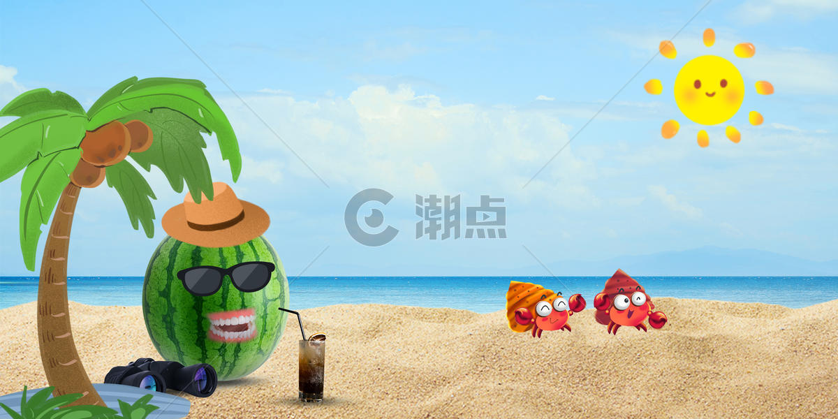 夏天西瓜在阳光海滩乘凉度假图片素材免费下载