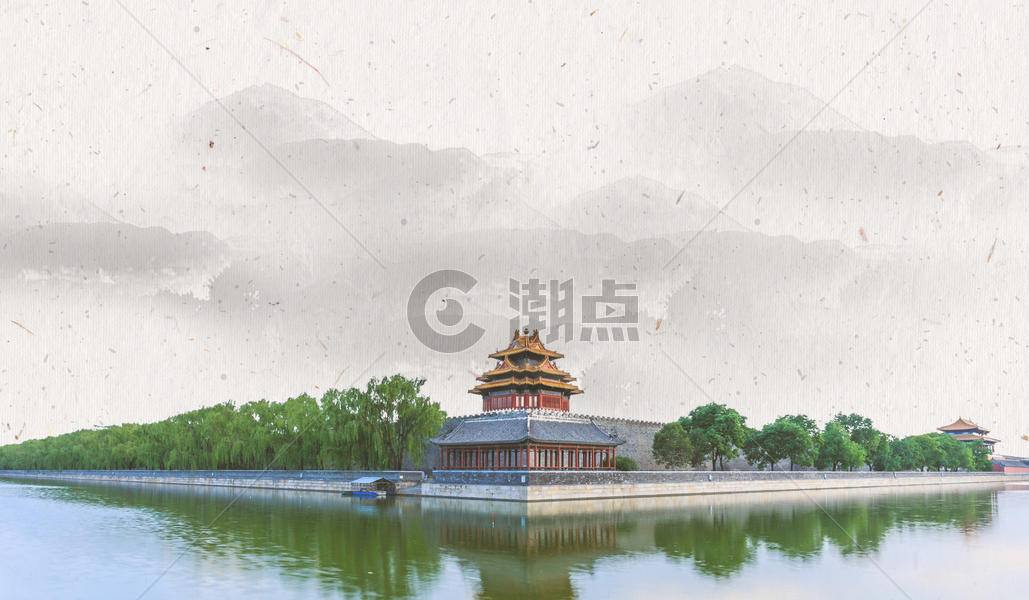中国风古楼远山水墨海报背景图片素材免费下载