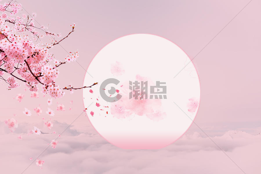 花瓣飘落月圆粉色云雾背景图片素材免费下载