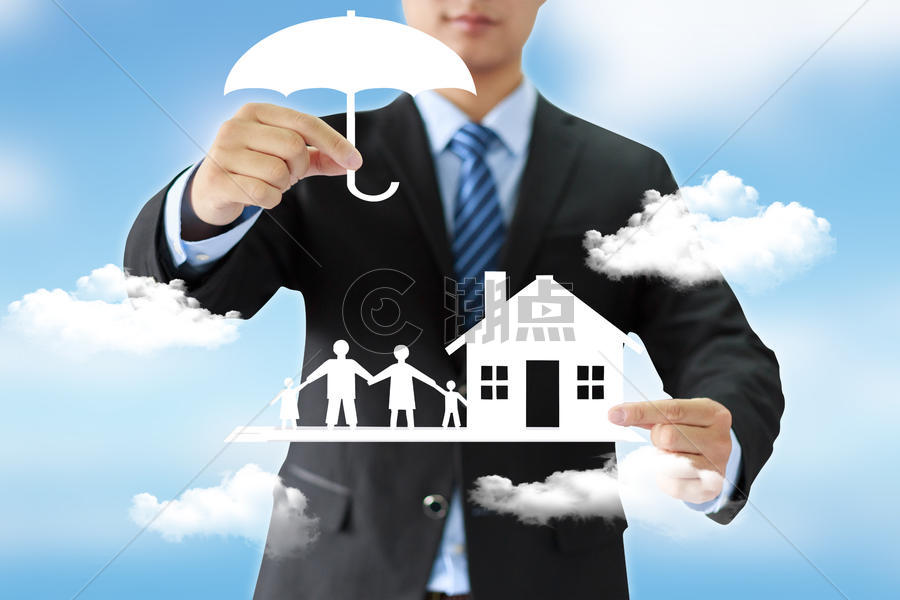 商务男士手握雨伞房屋人白云图片素材免费下载