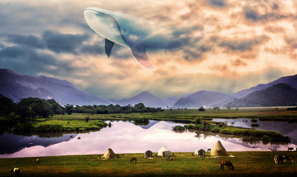 天空云种飞翔的鲸鱼大鱼超现实梦幻壁纸图片素材免费下载