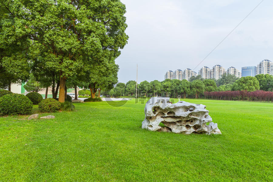 上海大学校园草地假石设计图片素材免费下载