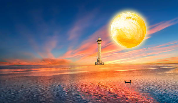 月亮下的灯塔和划船的人背景图片素材免费下载