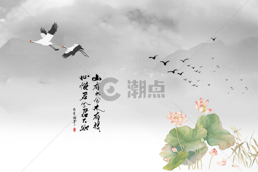 中国风鹤与荷花水墨画图片素材免费下载