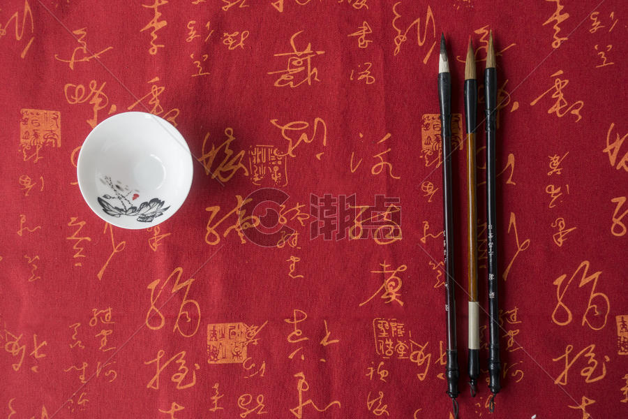 大红背景水墨中国风书法茶道图片素材免费下载