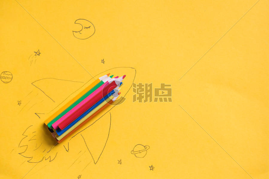 创意黄色背景铅笔飞船图片素材免费下载