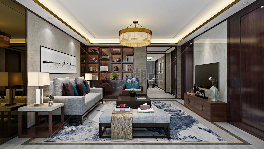 新中式客厅室内设计效果图图片素材免费下载