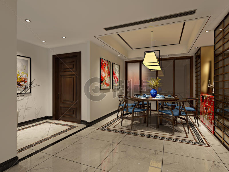 新中式风餐厅室内设计效果图图片素材免费下载