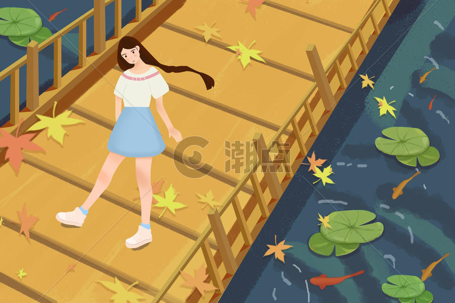 池塘边的少女插画图片素材免费下载