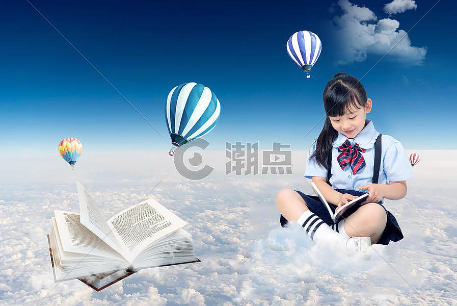 坐在云上看书的小女孩背景图片素材免费下载