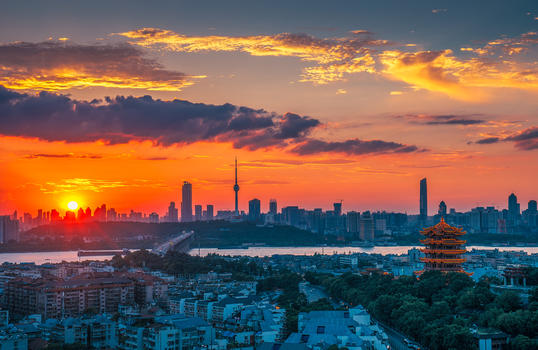 武汉城市风光日落时分的长江大桥黄鹤楼图片素材免费下载