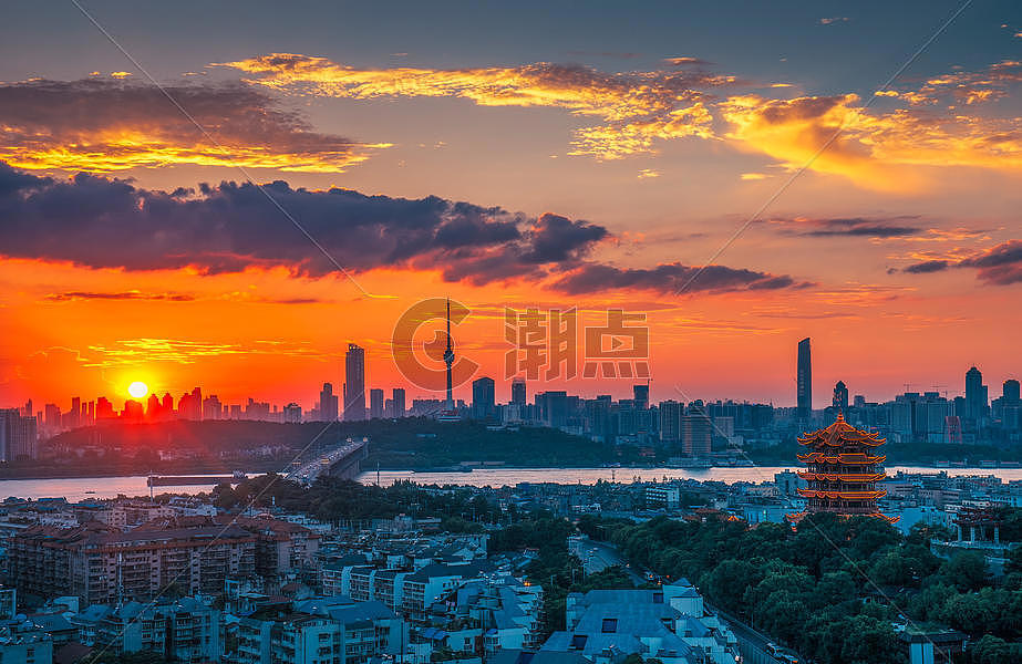 武汉城市风光日落时分的长江大桥黄鹤楼图片素材免费下载