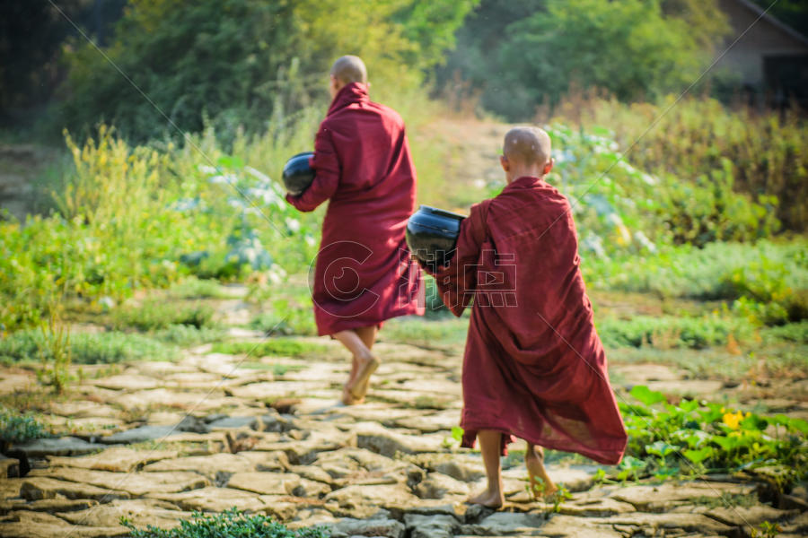 缅甸小僧侣外出化缘图片素材免费下载