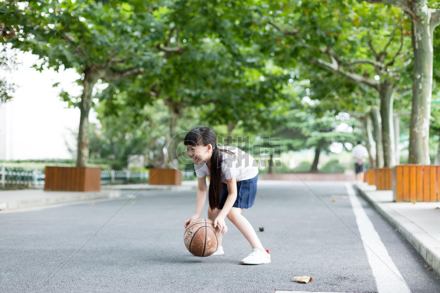 校园林荫道上打篮球的小学生女生图片素材免费下载