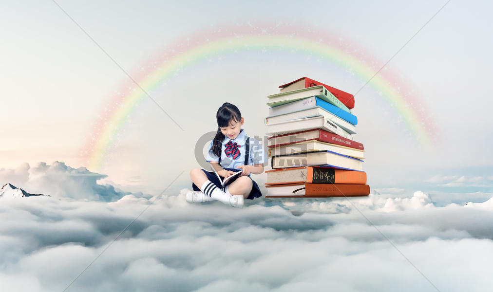 云端上看书的女孩儿图片素材免费下载