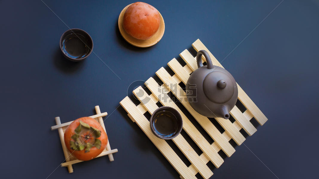 中秋赏月茶具与柿子图片素材免费下载
