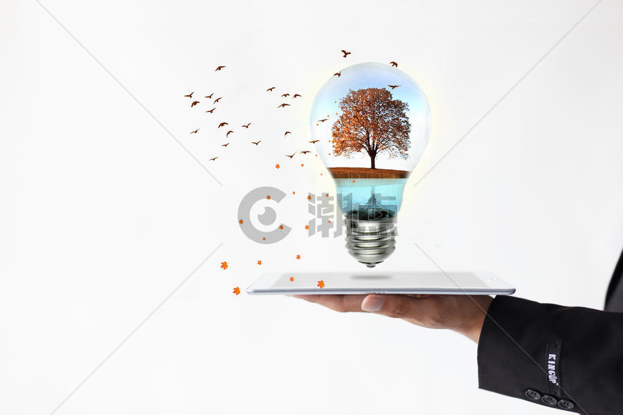 平板电脑在线教育灯泡里的小世界图片素材免费下载