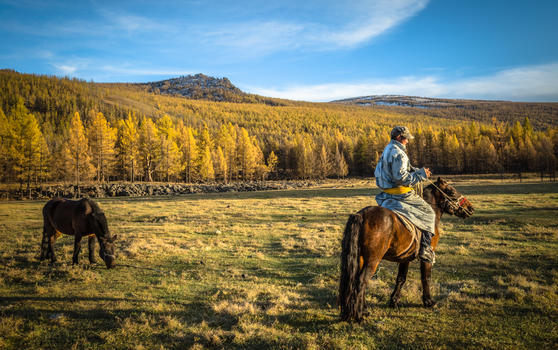 秋天草原上骑马的蒙古汉子图片素材免费下载