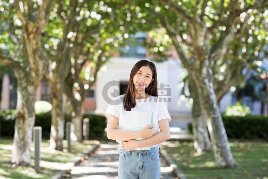 走在校园林荫道下的甜美女生图片素材免费下载