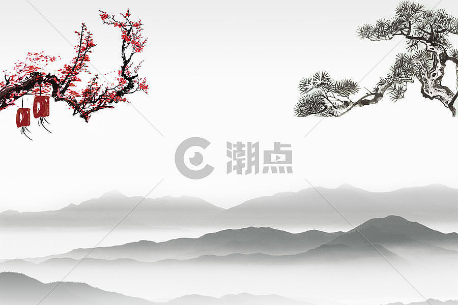 中国风梅花松树水墨山水背景图片素材免费下载