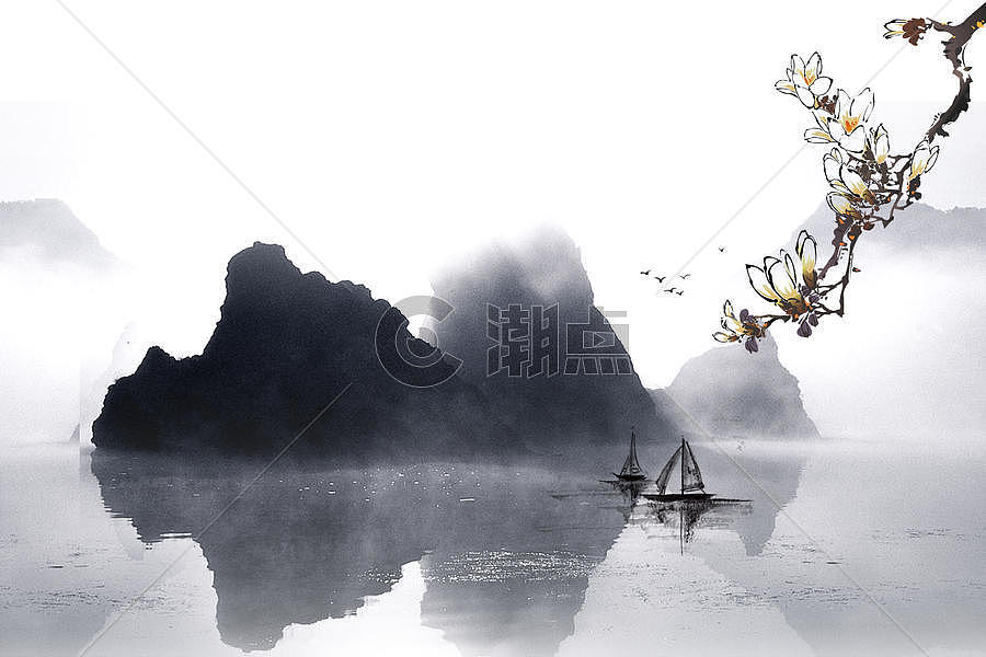 白梅花水墨山水渔船背景图片素材免费下载