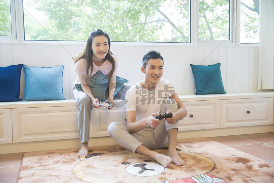 年轻情侣在客厅打游戏图片素材免费下载