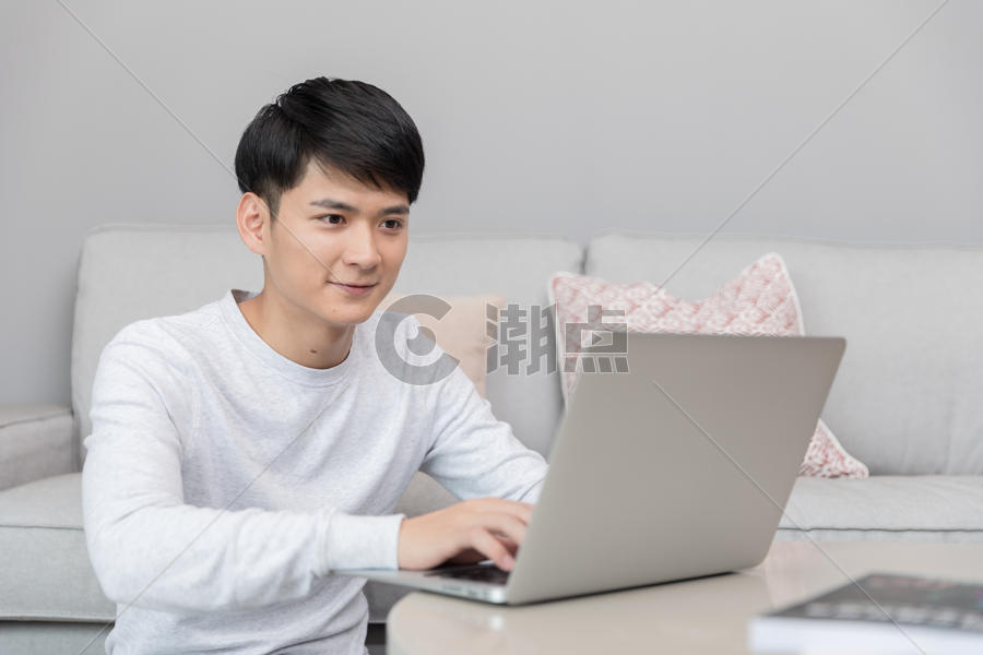 坐在沙发上打电脑的年轻男士图片素材免费下载