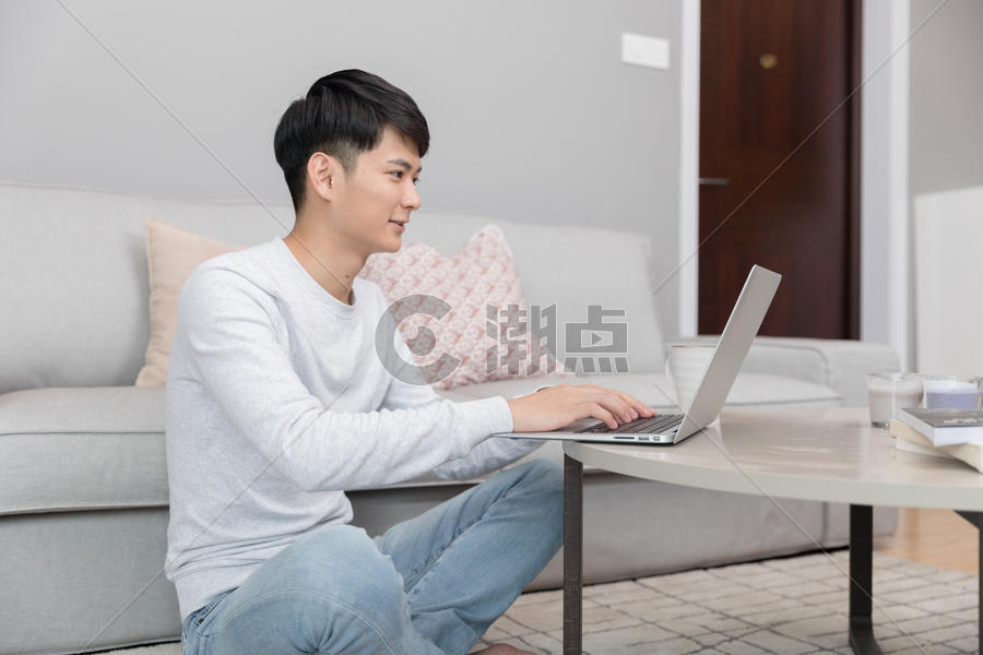 坐在沙发上打电脑的年轻男士图片素材免费下载