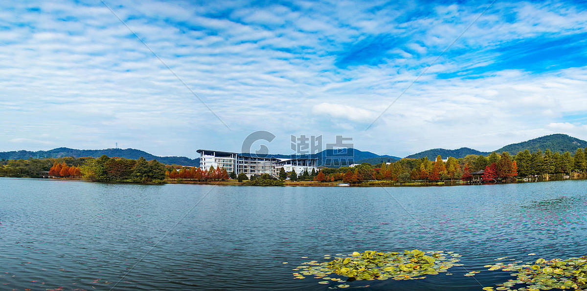 大学的湖泊秋色全景图图片素材免费下载