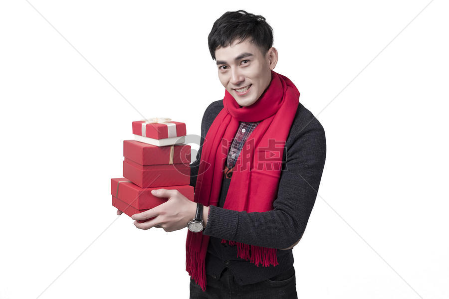 新年喜庆男士人像抱着礼物盒图片素材免费下载