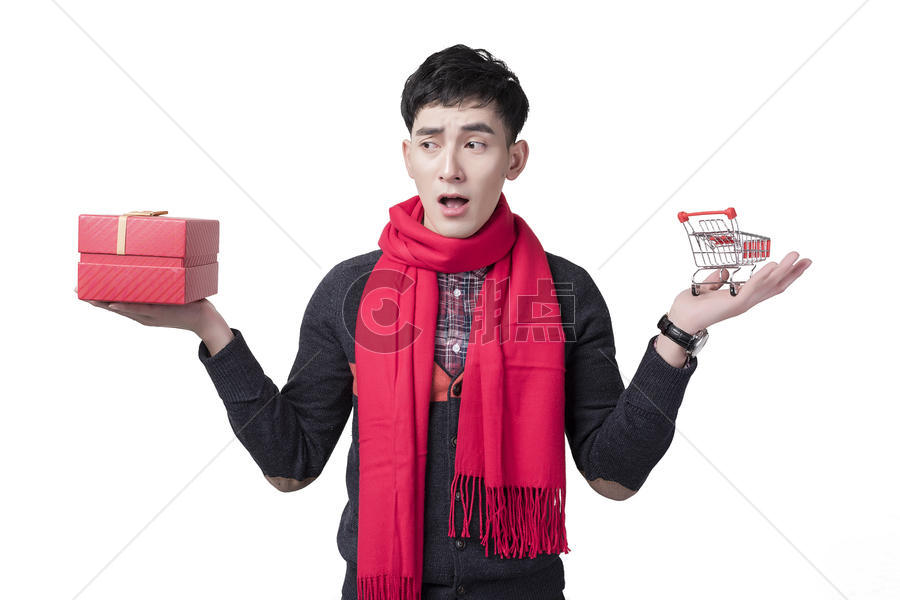 新年喜庆男士人像购物纠结表情图片素材免费下载