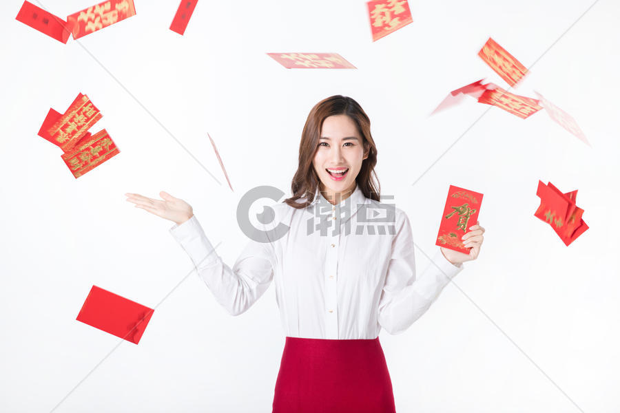 新年商务女性红包满天飞图片素材免费下载