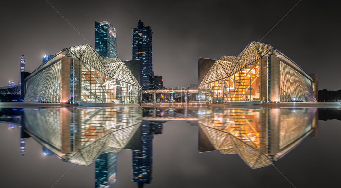 深圳音乐厅和图书馆的夜景图片素材免费下载