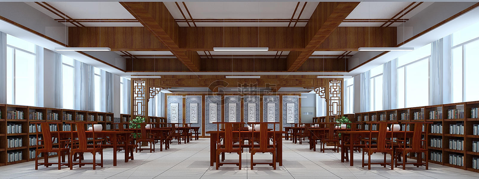 中式风格图书馆室内装修效果图图片素材免费下载