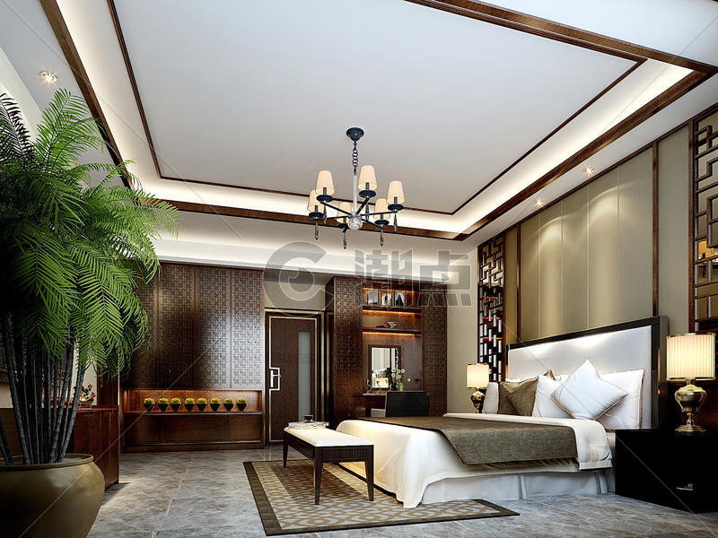 中式古典风格卧室室内装修效果图图片素材免费下载