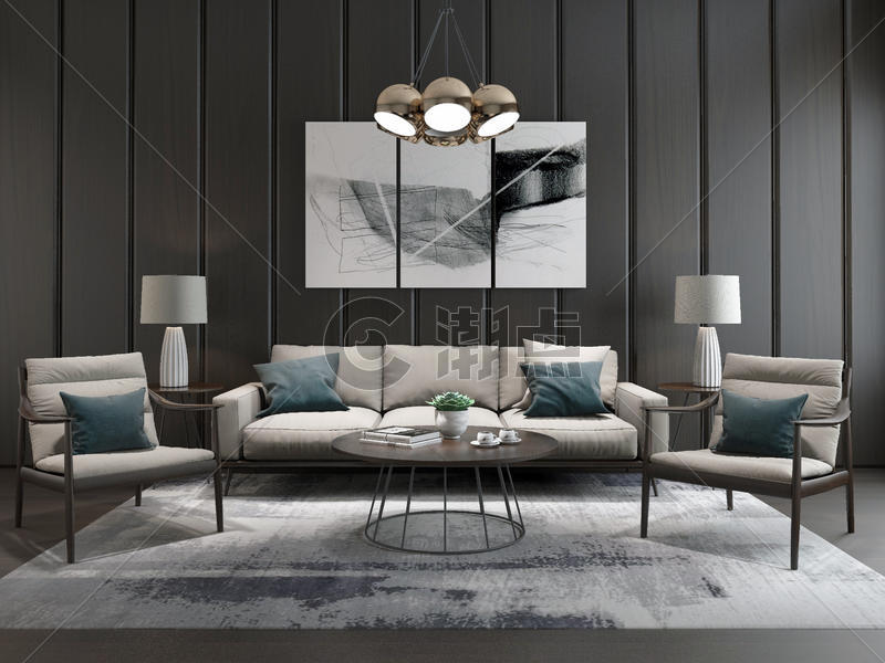 新中式客厅沙发效果图图片素材免费下载