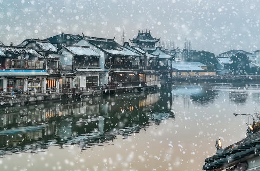 雪中的上海朱家角老街图片素材免费下载
