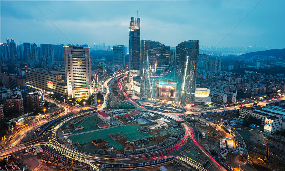 武汉城市夜景建设中的光谷转盘图片素材免费下载