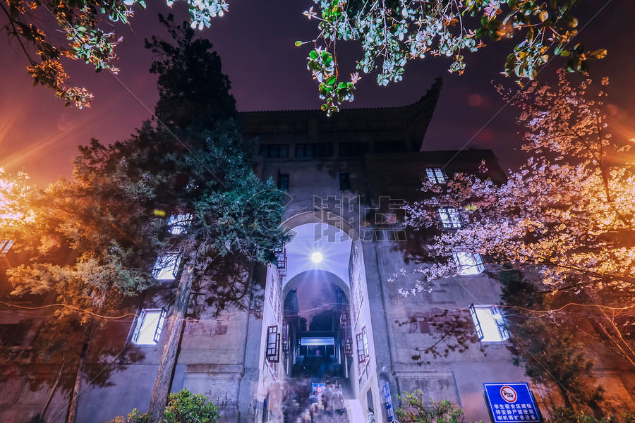 武汉大学夜樱樱花图片素材免费下载