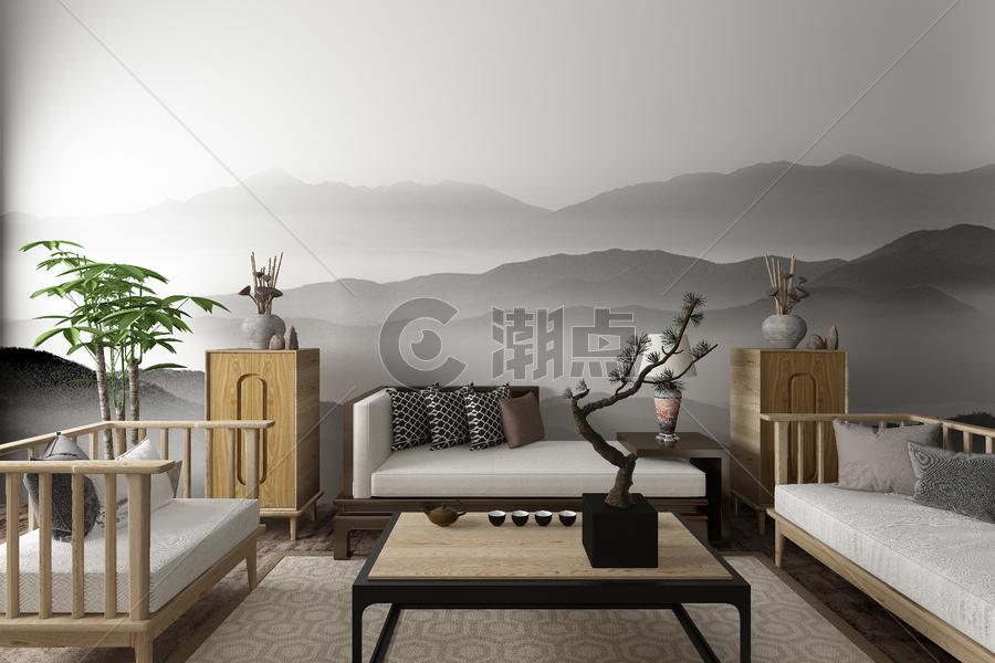 新中式客厅空间场景设计图片素材免费下载