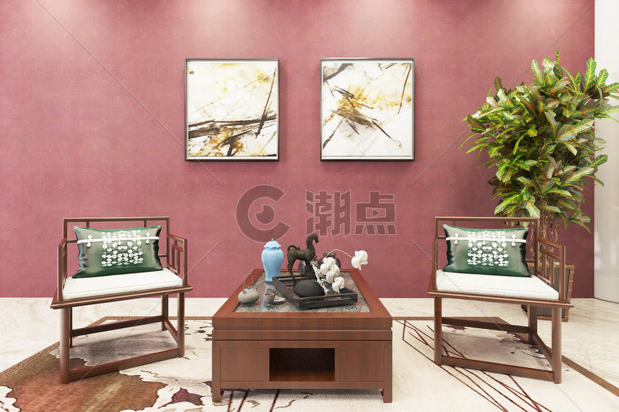 新中式休闲客厅空间图片素材免费下载