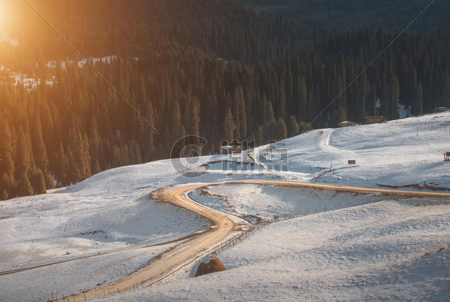 在阳光下雪山里蜿蜒的路图片素材免费下载