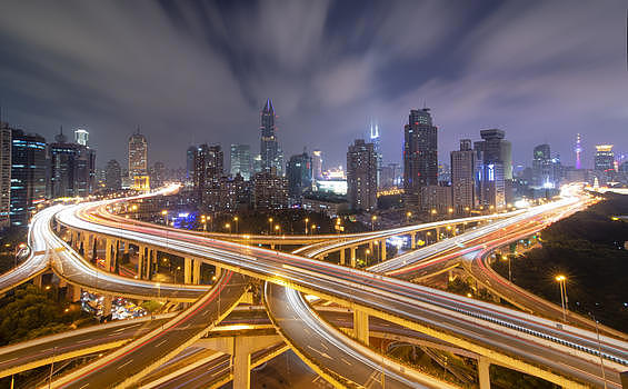 现代城市上海立交桥车流夜景图片素材免费下载