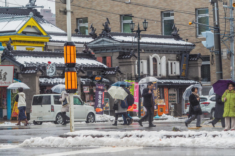 北海道小樽运河对街下雪街景图片素材免费下载