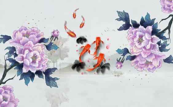 中式海棠花背景墙图片素材免费下载
