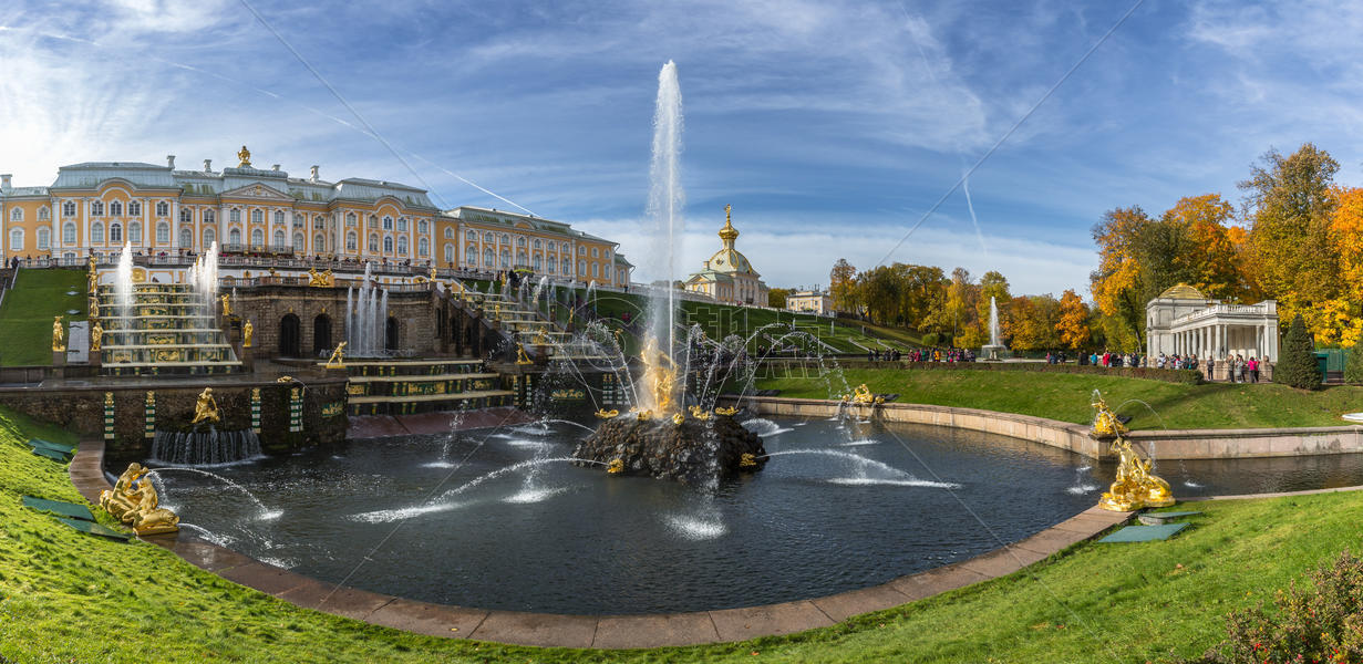 著名世界文化遗产圣彼得堡夏宫大喷泉全景图图片素材免费下载