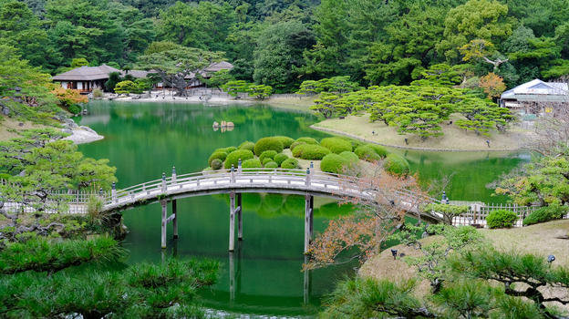 日本高松栗林公园眺望掬月亭图片素材免费下载