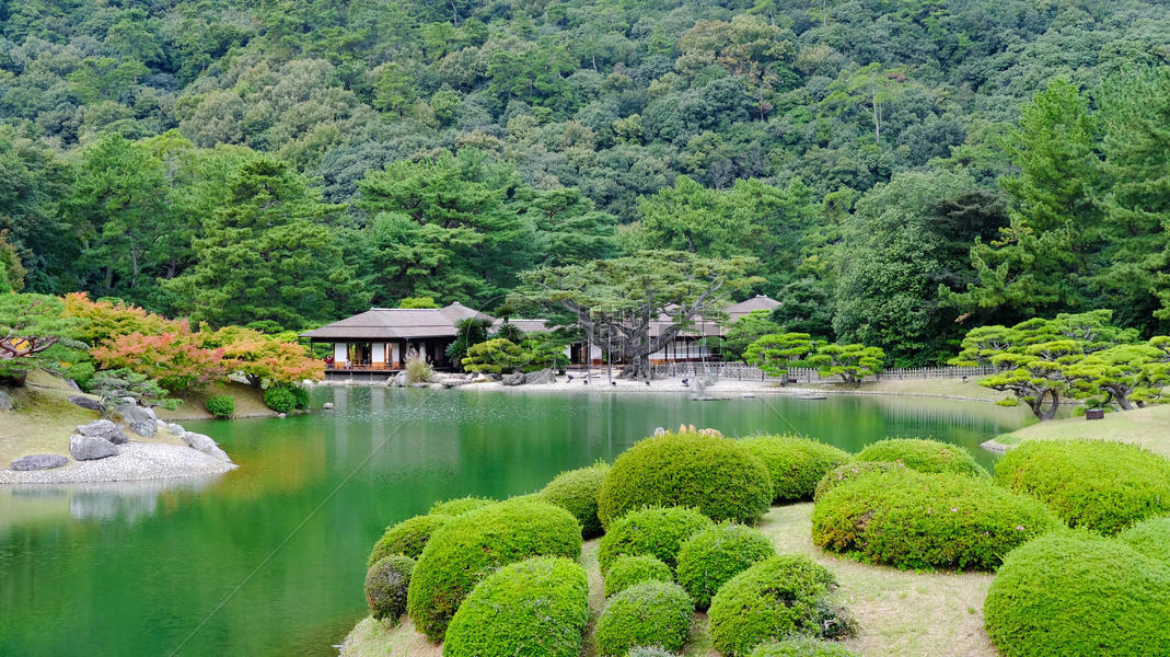 日本高松栗林公园掬月亭远景图片素材免费下载