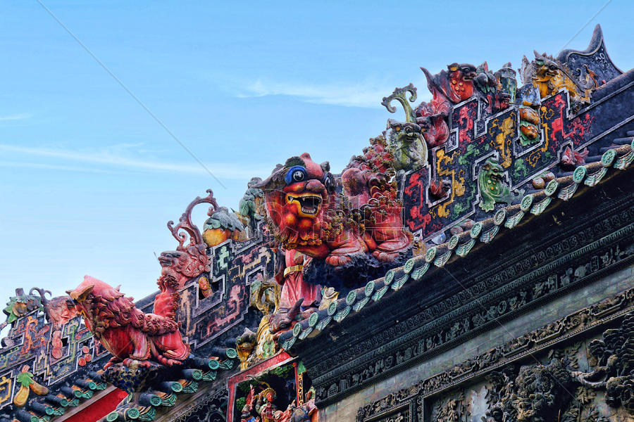 陈家祠传统的屋檐祥狮雕塑图片素材免费下载